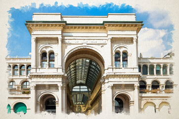 Fototapeta na wymiar Watercolor drawing of Gallery Vittorio Emanuele II Galleria famous luxury shopping mall facade and interior with fashion stores, glass dome and lamps in Milan city centre on Piazza del Duomo square