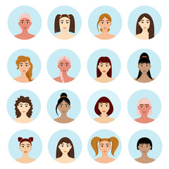 Set of avatar women's hairstyles. Beautiful young girls with different hairstyles isolated on a white background.