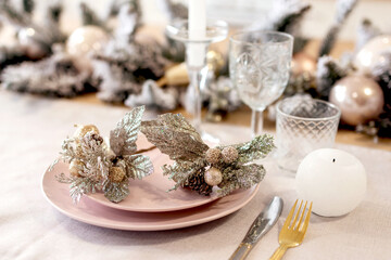 Festive decoration of the New Year's table. New Year, Christmas concept.