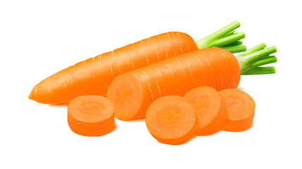 Fresh whole and sliced carrots isolated on white background