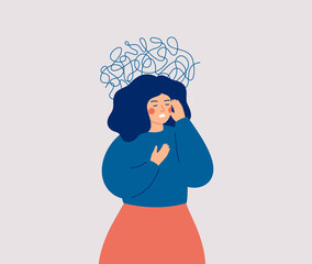 Panic attack concept. Uneasy woman has chest pain and vertigo. A depressed female with nervous problems has shortness of breath and feels anxious. Vector illustration