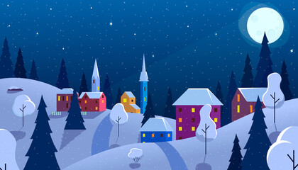 night winter landscape in flat style.