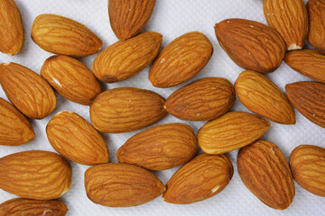 Delicious and healthy brown nuts, almonds, almonds set on a white matte background.