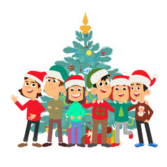 cartoon children in Christmas hats celebrate the New Year near a decorated Christmas tree.