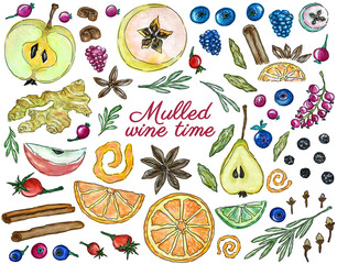 Colorful collection ingredients for mulled wine, hot winter drinks design