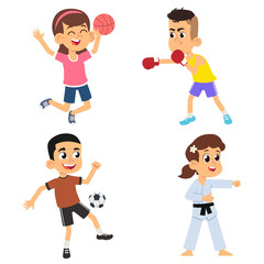 cartoon kids playing sports. boys soccer and boxing, girls volleyball and karate.