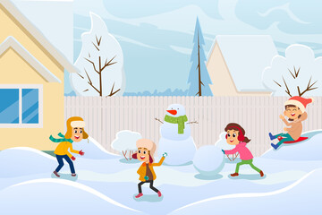 cartoon illustration of kids making a snowman and other winter fun outdoors at snowy day