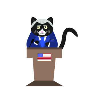 Cute american cat in suit with ties and funny hairstyles on the podium with microphones. Doodle flat illustration vector