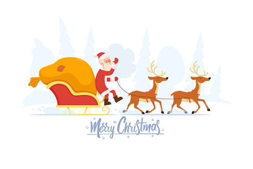 Simple flat Christmas card with a reindeer pulling Santa in sleigh in vector