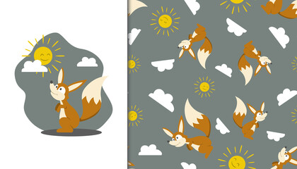 Seamless pattern with Cute Fox in Sunny Day. Vector Illustration.