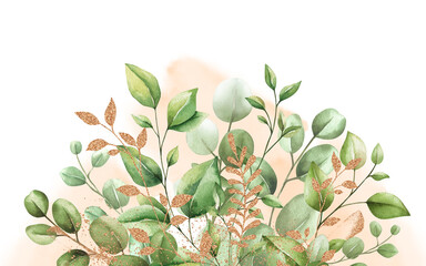 Watercolor floral frame card with gold elements. Hand draw painted border with branches, leaves isolated on white background. Trendy template