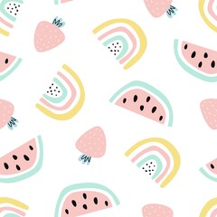 Seamless pattern with strawberry, watermelon and rainbow, summer background. Vector illustration with flowers, in a modern cartoon style, for printing on packaging paper, postcard, poster, banner
