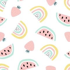 Schilderijen op glas Seamless pattern with strawberry, watermelon and rainbow, summer background. Vector illustration with flowers, in a modern cartoon style, for printing on packaging paper, postcard, poster, banner  © Дмитрий Бондаренко