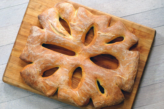 View of a homemade olive fougasse bread