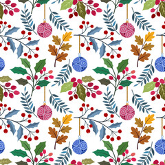 Fototapeta na wymiar Christmas plant and Christmas ball seamless pattern for fabric textilw wallpaper.