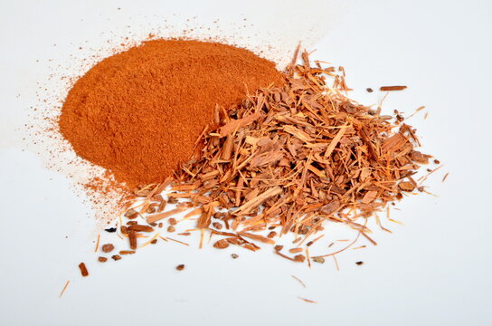 Catuaba bark and catuaba powder on white background. Natural herbal tea from Catuaba tree bark, natural aphrodisiac from Brasilia