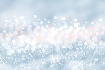 Obraz na płótnie Canvas Abstract blurred festive winter christmas or Happy New Year background with shiny blue and white bokeh lighted snow landscape. Space for your design. Card concept.