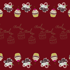 Vector illustration with milkshakes and muffins on the red background.