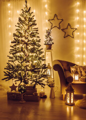 Home living room decorated for Christmas Eve. Christmas spruce tree decorated with party lights, icicles and snowflakes, wrapped Christmas presents under tree. White lanterns illuminated, tranquil.