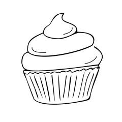 Cupcake with cream, individually wrapped. Cupcake, muffin. Confectionery. Contour drawing by hand, vector.
