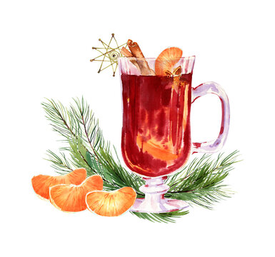 Watercolor christmas drinks clipart, Red wine in glass with spices, mulled wine and christmas wreath