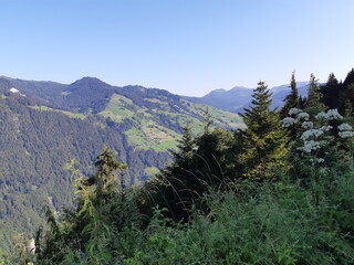 Aussicht von der Harder Kulm auf Berge und Wiesen, Interlaken, Schweiz