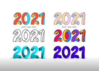 Set of Happy New Year 2021 text design. Escher style cover of business diary for 2021 with wishes. Design template, greeting card, banner, poster. Vector illustration. Isolated on white background