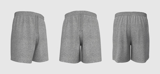 Blank sweat shorts mockup in front, back and side views. 3d rendering, 3d illustration.