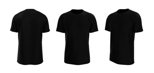 men's short sleeve t-shirt mockup in front, side and back views, design presentation for print, 3d illustration, 3d rendering