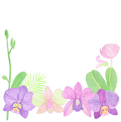 Watercolor frame border orchid elements with flowers and leaves