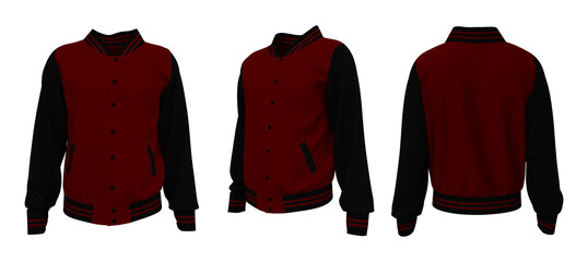 Varsity Jacket mockup in front, side and back views. 3d illustration, 3d rendering;