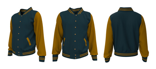 Varsity Jacket mockup in front, side and back views. 3d illustration, 3d rendering;