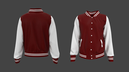 Varsity Jacket mockup in front, and back views. 3d illustration, 3d rendering