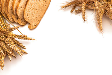 Baguette bread. Rye bakery with crusty loaves and crumbs. Fresh loaf of rustic traditional bread...