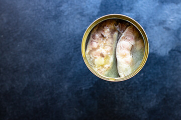 canned fish seafood are ready to eat on the table serving healthy meal snack ingredient top view copy space for text food background diet pescetarian