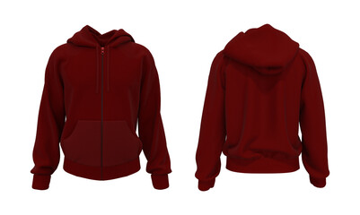 Blank hooded sweatshirt  mockup with zipper in front and back views, isolated on white  background, 3d rendering, 3d illustration © Febriana