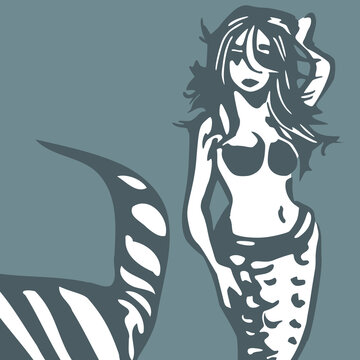 Fantasy artwork - mermaid illustration in white - blue  and dark blue - ideal for wallpaper or wall decoration