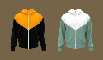 Blank hooded sweatshirt  mockup with zipper in front view, isolated on brown background, 3d rendering, 3d illustration
