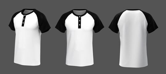 Blank raglan henley t-shirt with short sleeve mockup, front view, design presentation for print, 3d illustration, 3d rendering