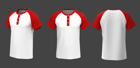 Blank raglan henley t-shirt with short sleeve mockup, front view, design presentation for print, 3d illustration, 3d rendering