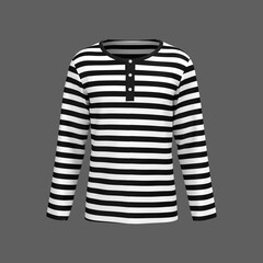 Blank striped henley t-shirt with long sleeve mockup, front view, design presentation for print, 3d illustration, 3d rendering