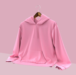 Blank hooded sweatshirt mockup for print, isolated on pink background, 3d rendering, 3d illustration