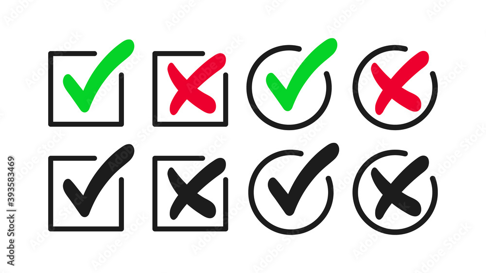 Aufkleber set of green check marks and red crosses. vector flat cliparts. approve and reject icon. circle and 