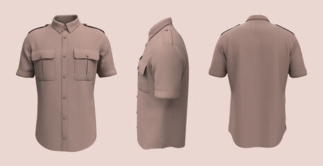 Men's short sleeves military shirt mockup. 3d rendering, 3d illustration;
