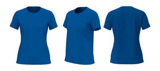 Women's crewneck t-shirt mockup, front, side and back views, design presentation for print, 3d illustration, 3d rendering