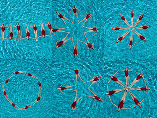 Collage of female synchronized swimmers forming various shape in swimming pool