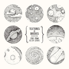 Hand drawn stippling illustrations related to cosmos, space exploration. Templates collection of cute design elements, galaxy background, stippling textured drawing for prints. Isolated vector set.