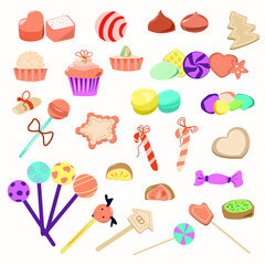 Set of sweets and candies of different sizes and types