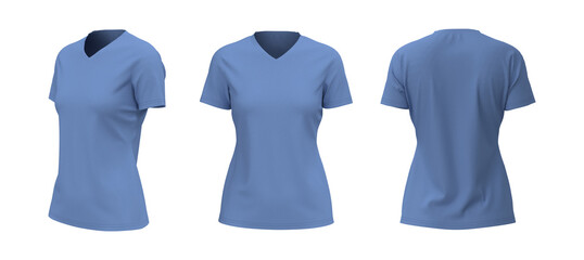 Women's  v-neck t-shirt mockup, front, side and back views, design presentation for print, 3d...