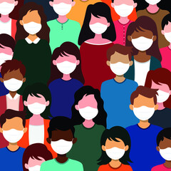 Illustration of diverse crowd of people wearing medical masks for prevention of virus corona infection.Vector seamless pattern.